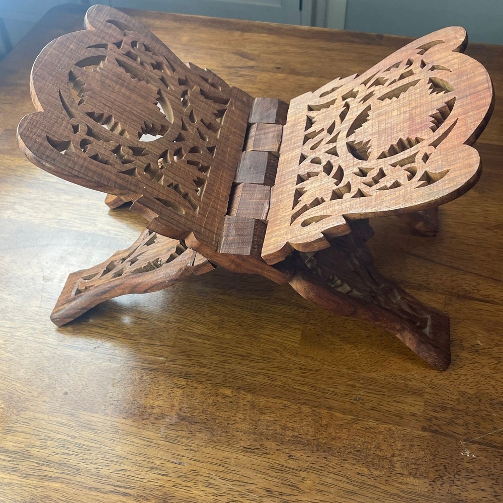 Hand Carved Vintage Wooden Folding Book Stand Rehal Floral Inlay 15 Inch Brown